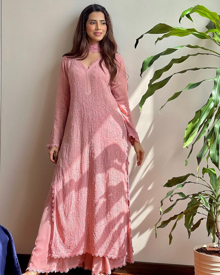 Peach Faux Georgette Embroidered Top with Plazo & Dupatta Set – Trendy & Elegant