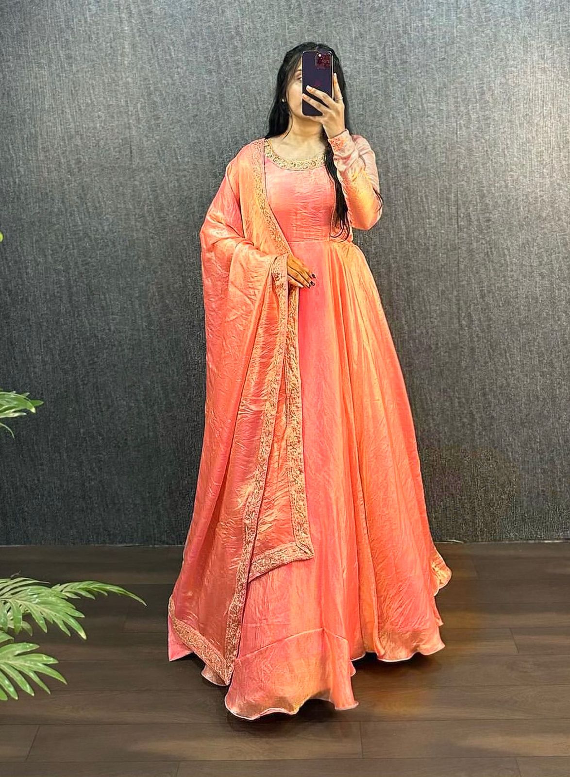Elegant Fendy Silk Embroidered Gown with Dupatta