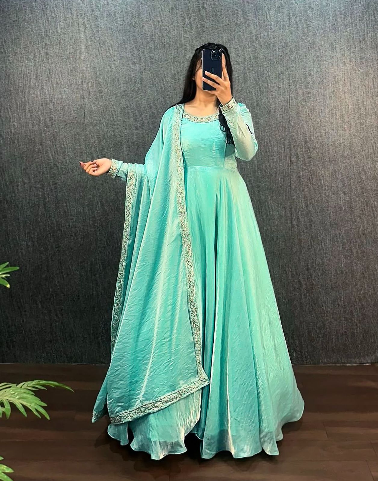 Elegant Fendy Silk Embroidered Gown with Dupatta