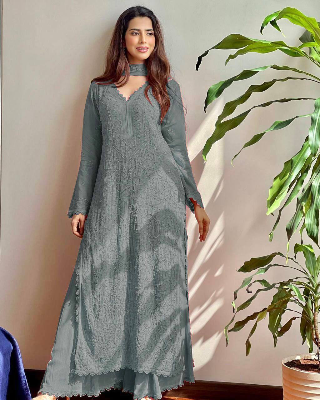 Peach Faux Georgette Embroidered Top with Plazo & Dupatta Set – Trendy & Elegant