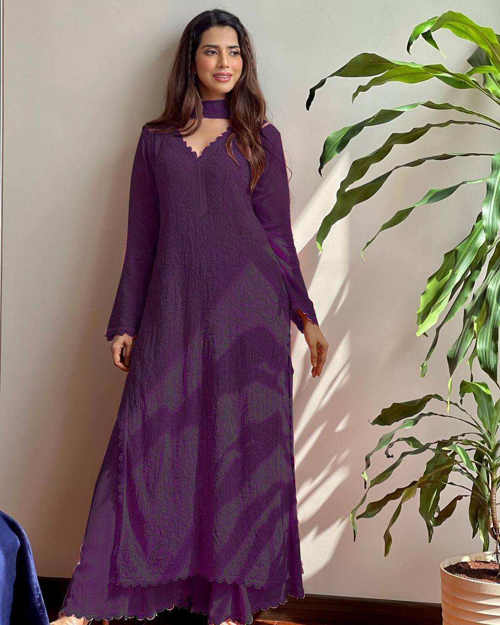 Peach Faux Georgette Embroidered Top with Plazo & Dupatta Set – Trendy & Elegant