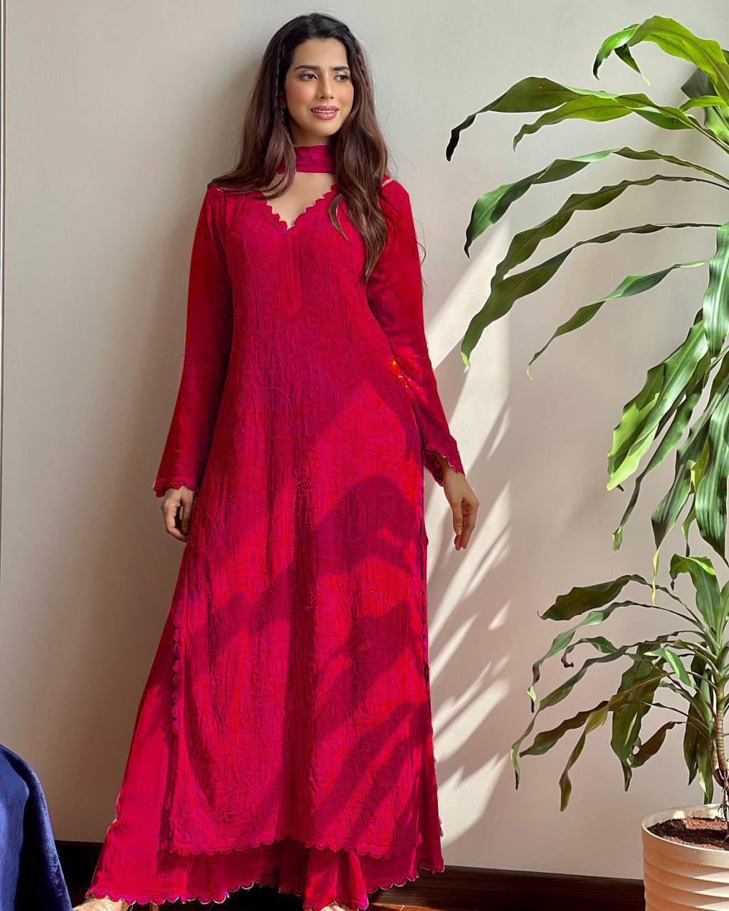 Peach Faux Georgette Embroidered Top with Plazo & Dupatta Set – Trendy & Elegant