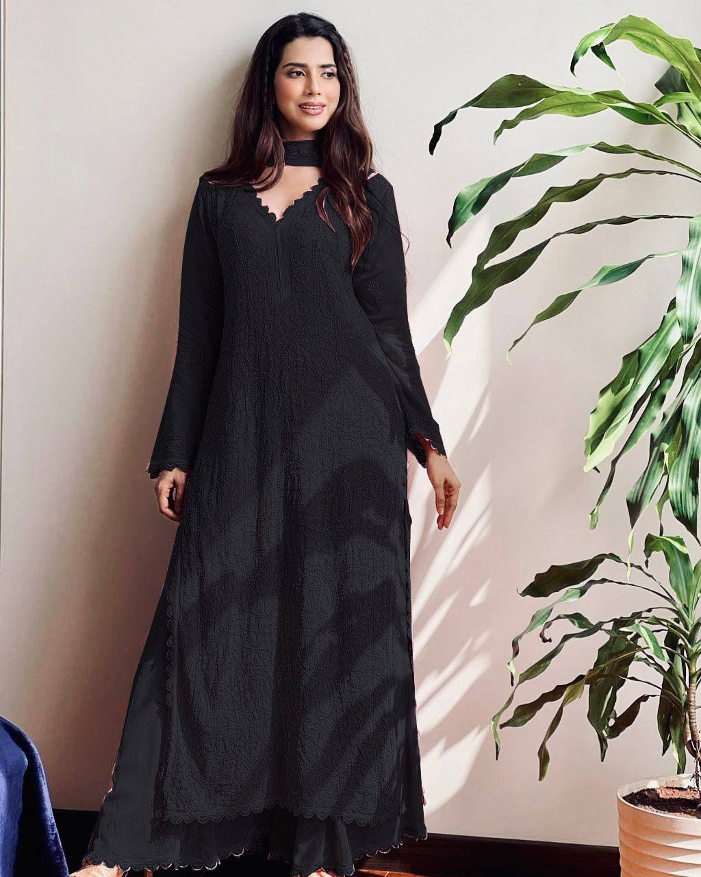 Peach Faux Georgette Embroidered Top with Plazo & Dupatta Set – Trendy & Elegant