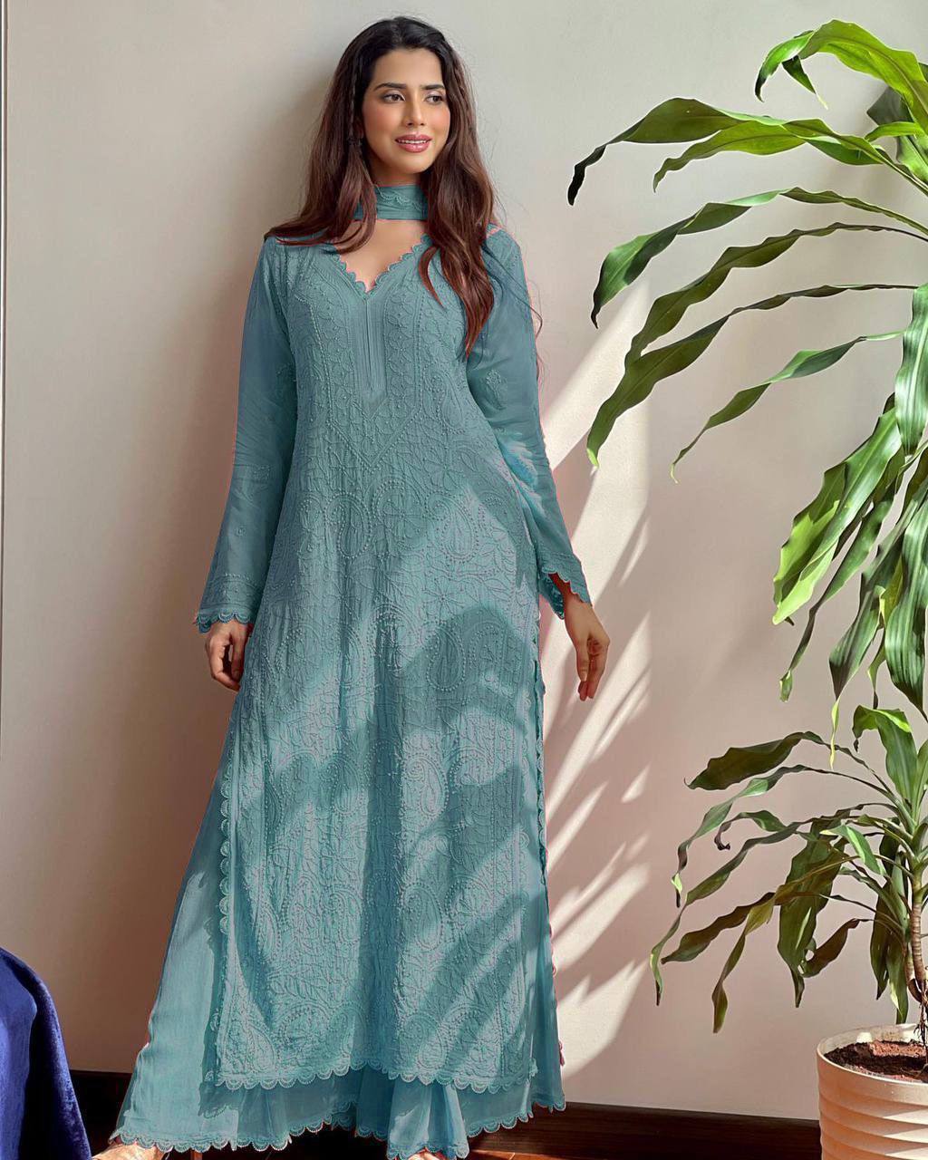 Peach Faux Georgette Embroidered Top with Plazo & Dupatta Set – Trendy & Elegant