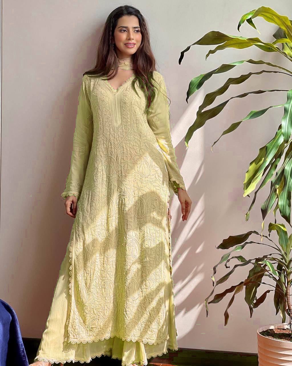 Peach Faux Georgette Embroidered Top with Plazo & Dupatta Set – Trendy & Elegant