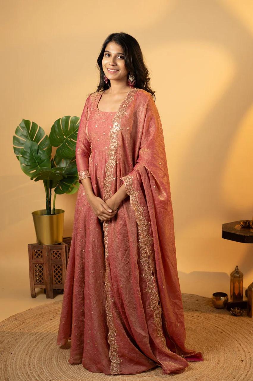 New Chinnon Anarkali with Embroidery & Border Dupatta