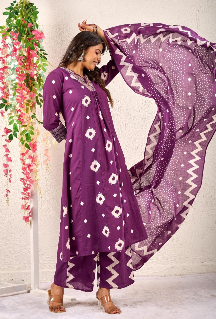 Premium Discharge Cotton 3-Piece Set with Handwork