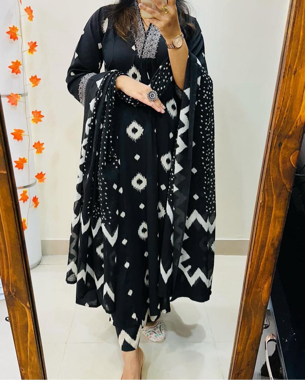 Premium Discharge Cotton 3-Piece Set with Handwork