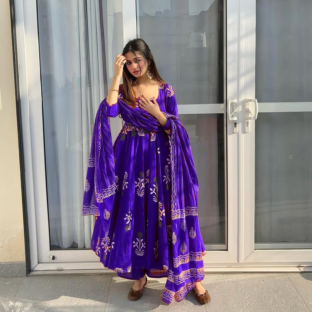 Floral Cotton Anarkali Set with Dupatta & Palazzo