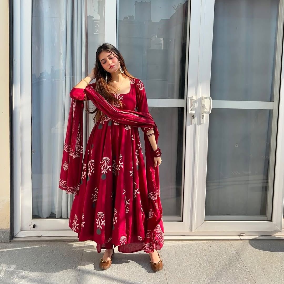 Floral Cotton Anarkali Set with Dupatta & Palazzo