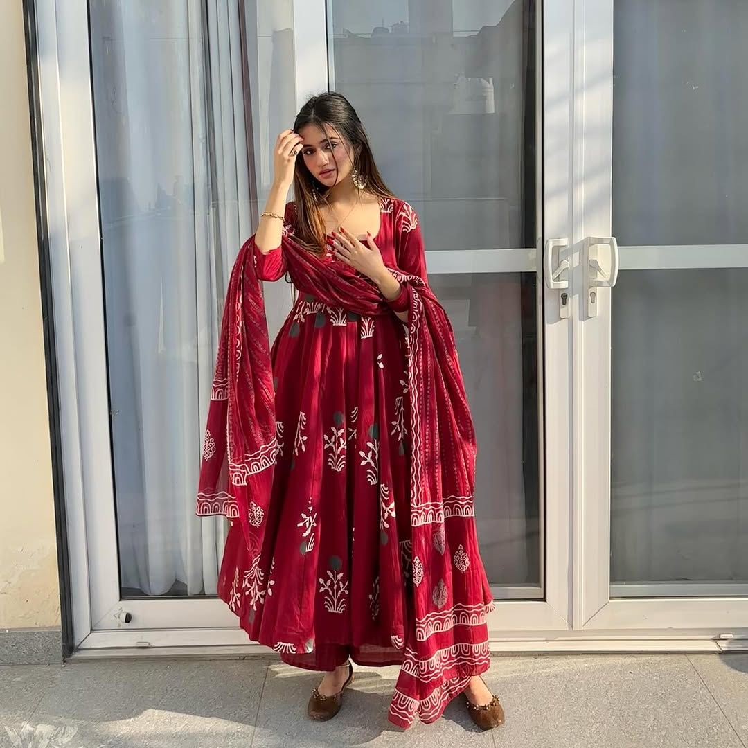 Floral Cotton Anarkali Set with Dupatta & Palazzo