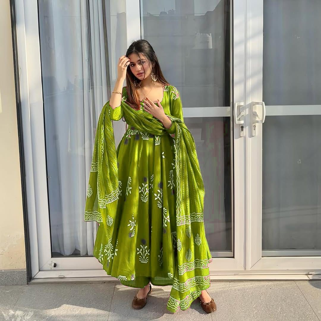 Floral Cotton Anarkali Set with Dupatta & Palazzo