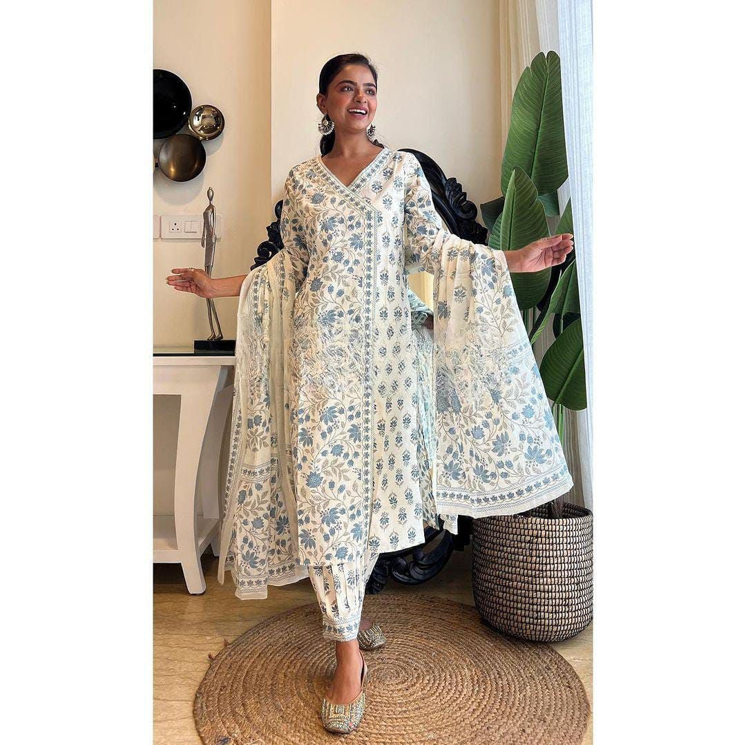 White-Grey Floral Afghani Suit Set