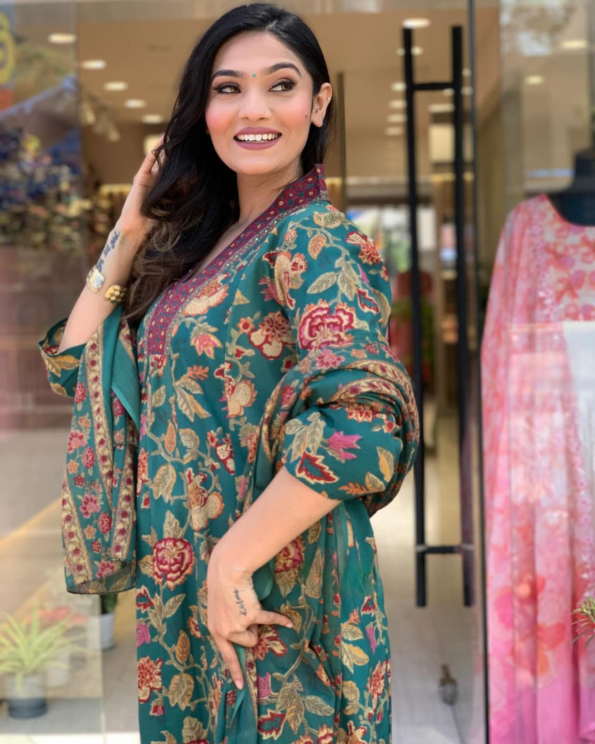 Elegant Cambric Cotton A-Line Kurti Pant Dupatta Set