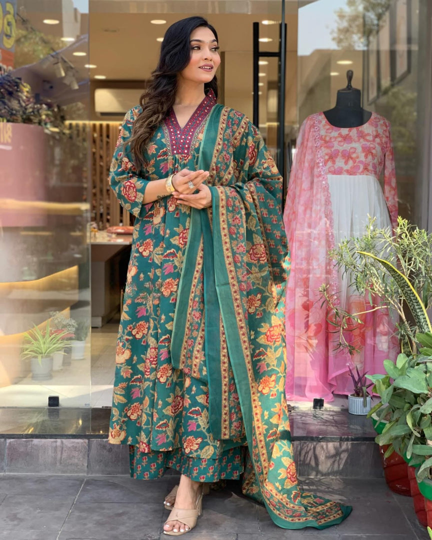 Elegant Cambric Cotton A-Line Kurti Pant Dupatta Set