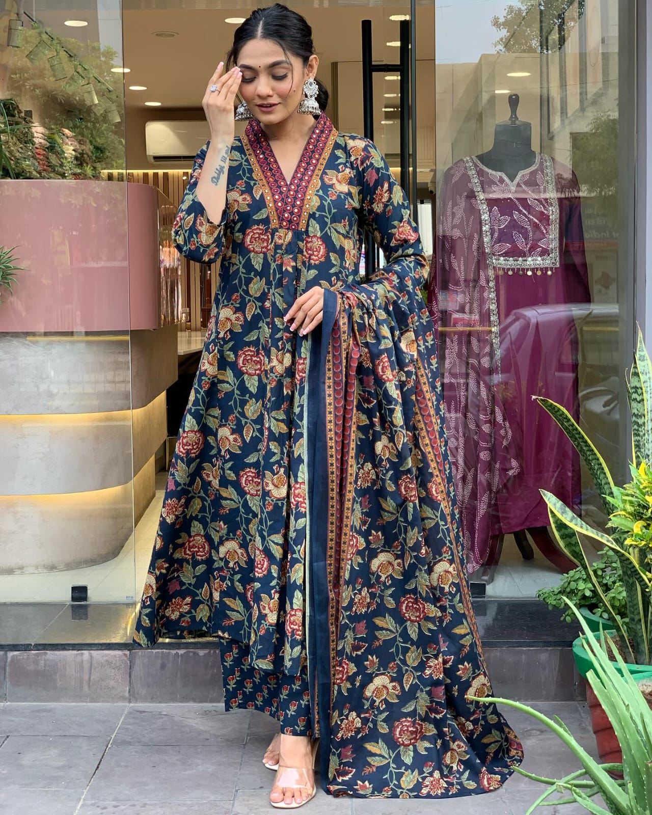 Elegant Cambric Cotton A-Line Kurti Pant Dupatta Set