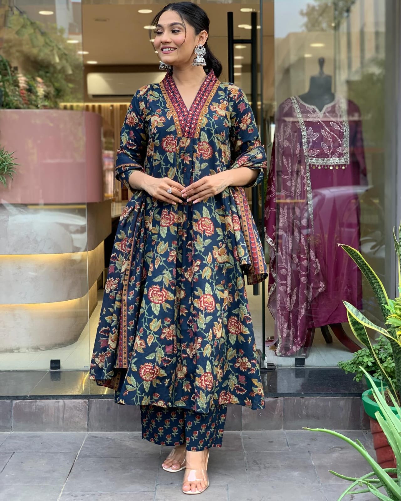 Elegant Cambric Cotton A-Line Kurti Pant Dupatta Set