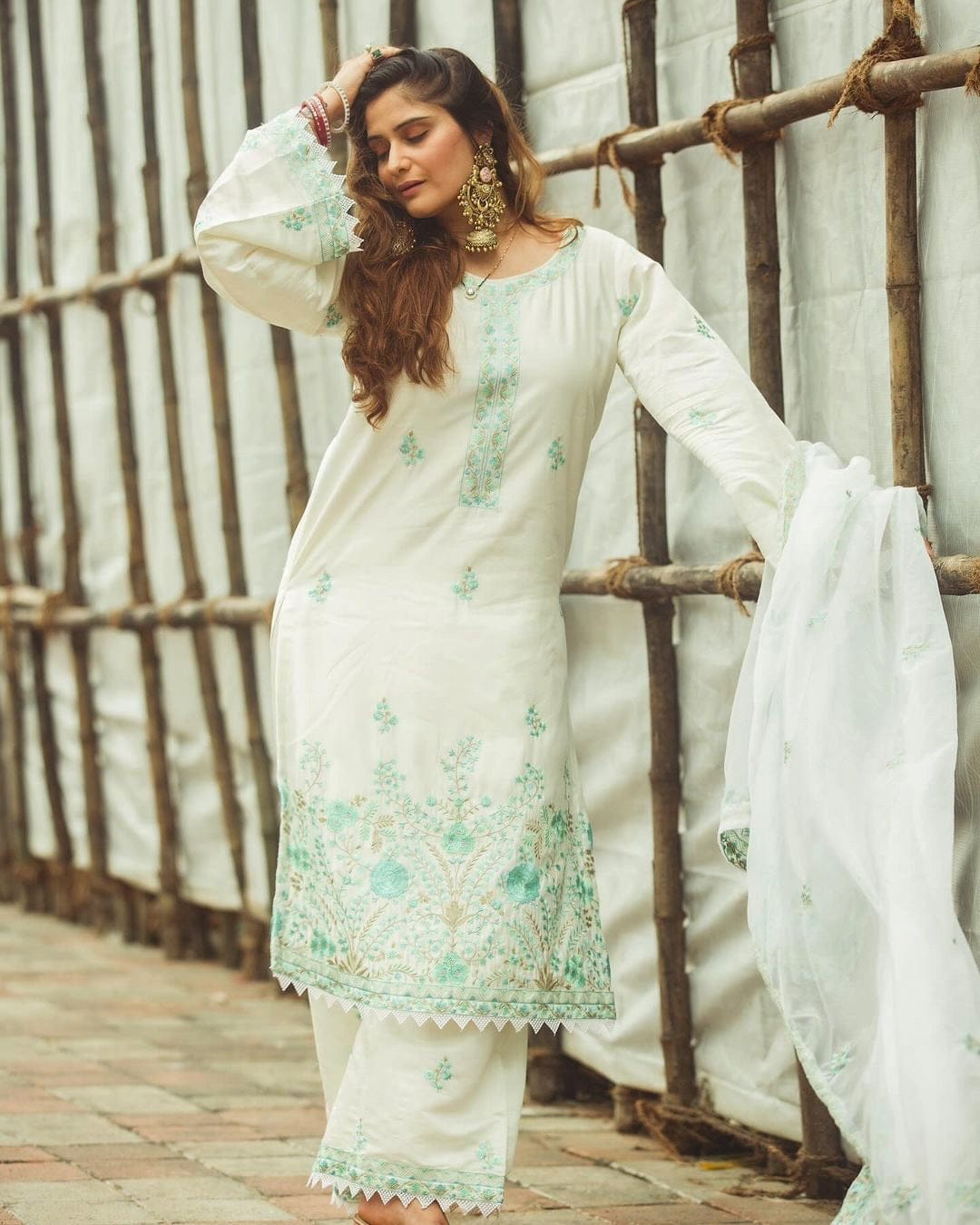Elegance White Chanderi Embroidered Suit Set