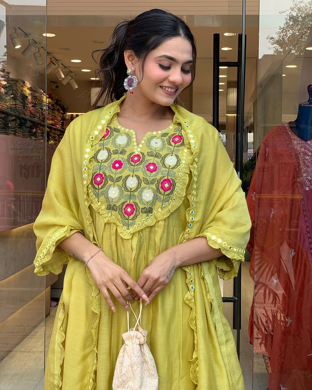 Premium Cotton Kurta Set with Mirror Work & Lace Dupatta