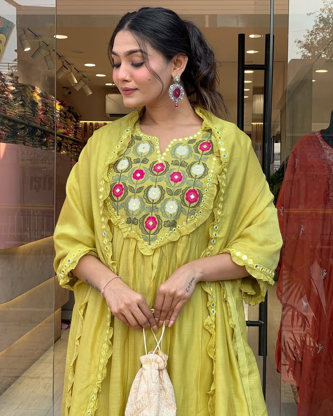 Premium Cotton Kurta Set with Mirror Work & Lace Dupatta