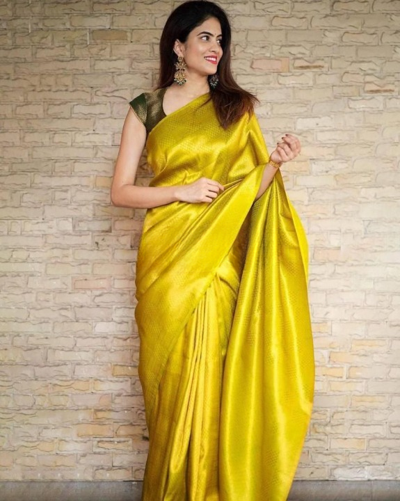 Elegant Gold Yellow Soft Lichi Silk Saree