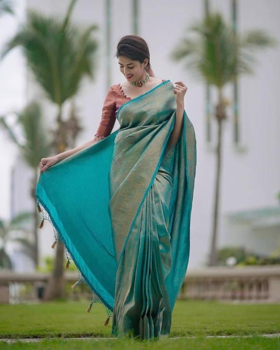 Teal Blue Soft Lichi Silk Saree With Jacquard Work