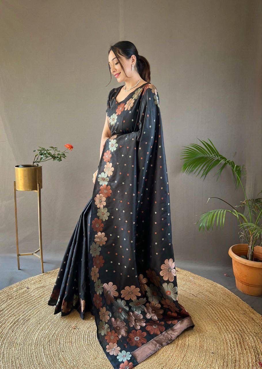 Grey Floral Flower Printed Zari Soft Lichi Silk Saree