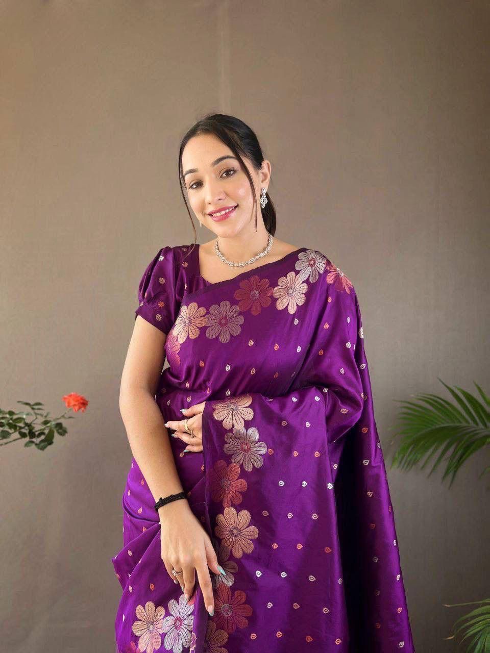 Purple Floral Flower Printed Zari Soft Lichi Silk Saree