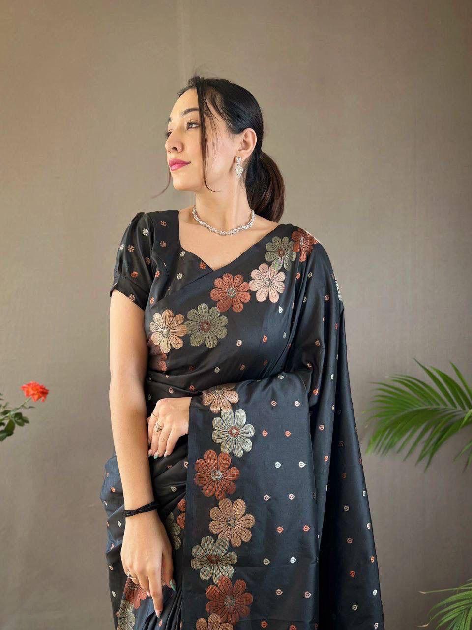 Grey Floral Flower Printed Zari Soft Lichi Silk Saree