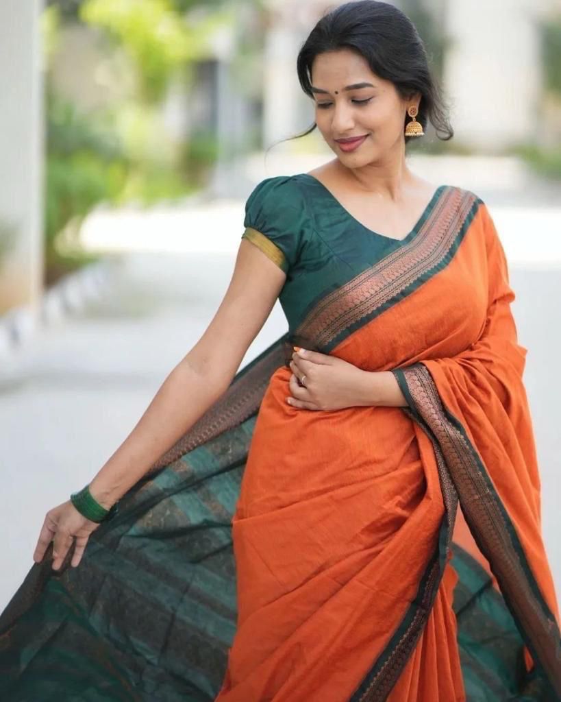 Silk Orange Festival Wear Weaving Saree