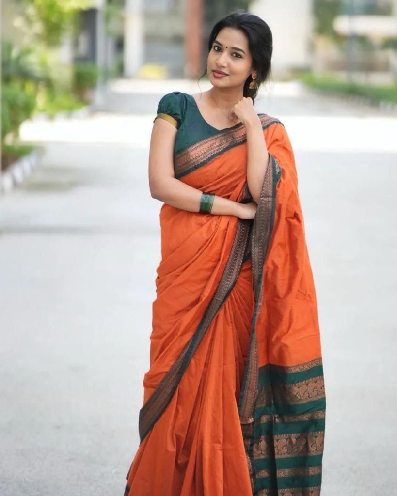 Silk Orange Festival Wear Weaving Saree