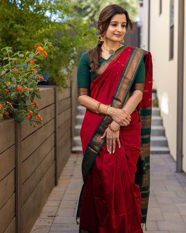 Red & Green Premium Soft Lichi Silk Saree