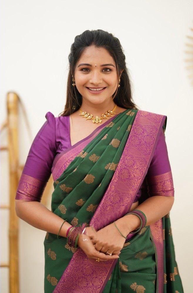 Green & Purple Soft Lichi Silk Saree With Jacquard Blouse Piece