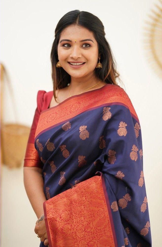 Navy Blue Latest Soft Lichi Silk Saree with Red Color Blouse and Copper Work