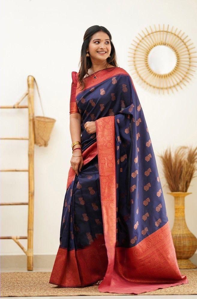 Navy Blue Latest Soft Lichi Silk Saree with Red Color Blouse and Copper Work
