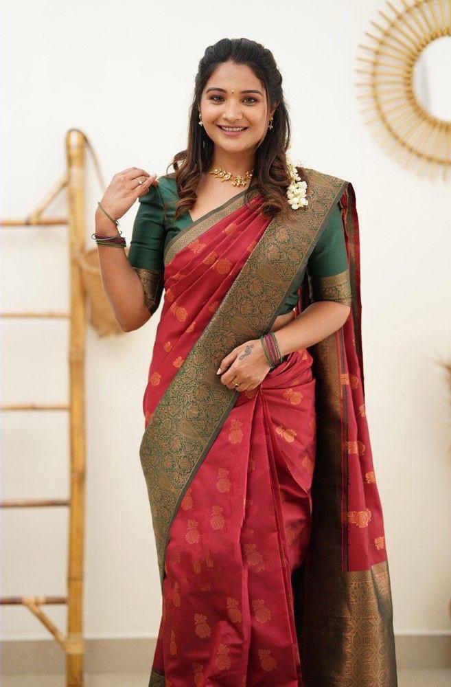 Ethnic Motifs Soft Lichi Silk Zari Kanjeevaram Saree