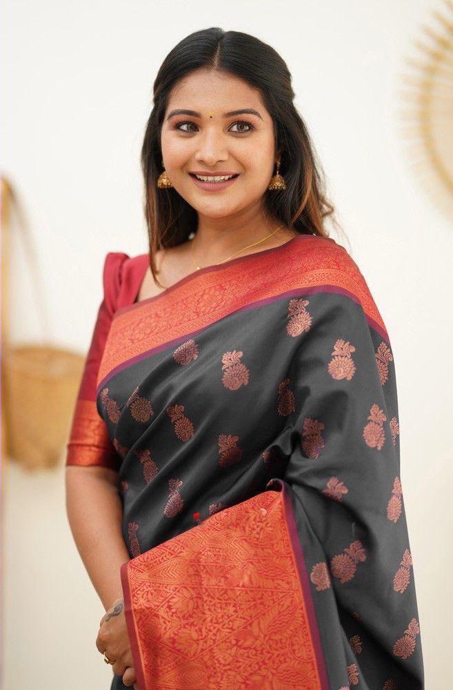 Beautiful Red & Black Soft Litchi Silk Saree With Jacquard Work