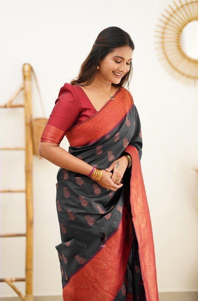 Beautiful Red & Black Soft Litchi Silk Saree With Jacquard Work