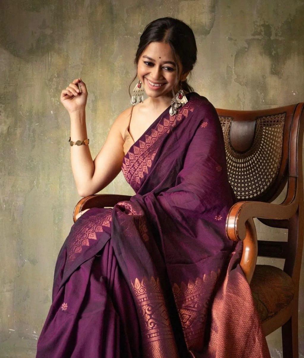 Marvellous Purple Soft Lichi Silk Saree With Jacquard Blouse Piece