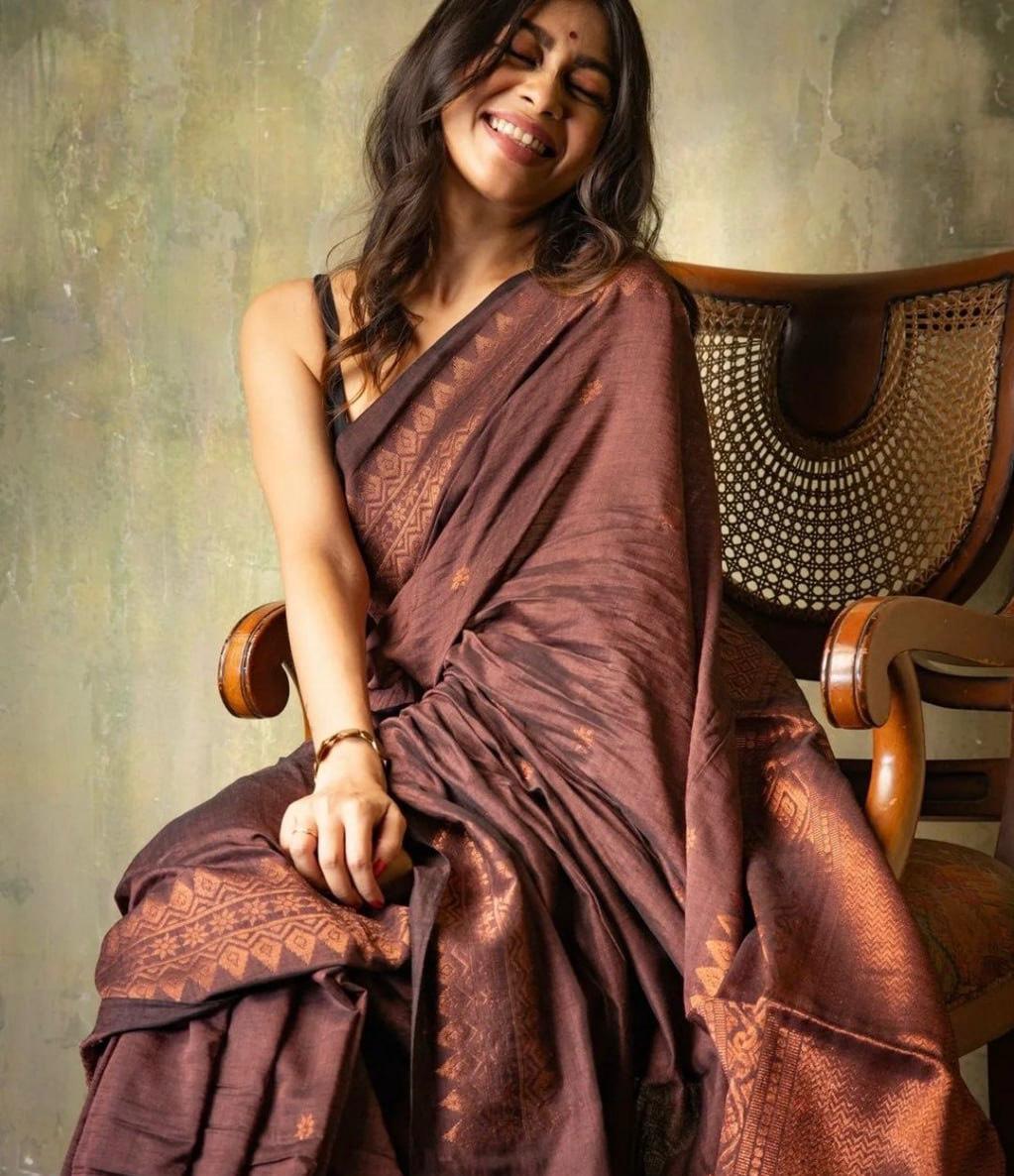 Blooming Brown Soft Silk Saree With Jacquard Blouse Piece