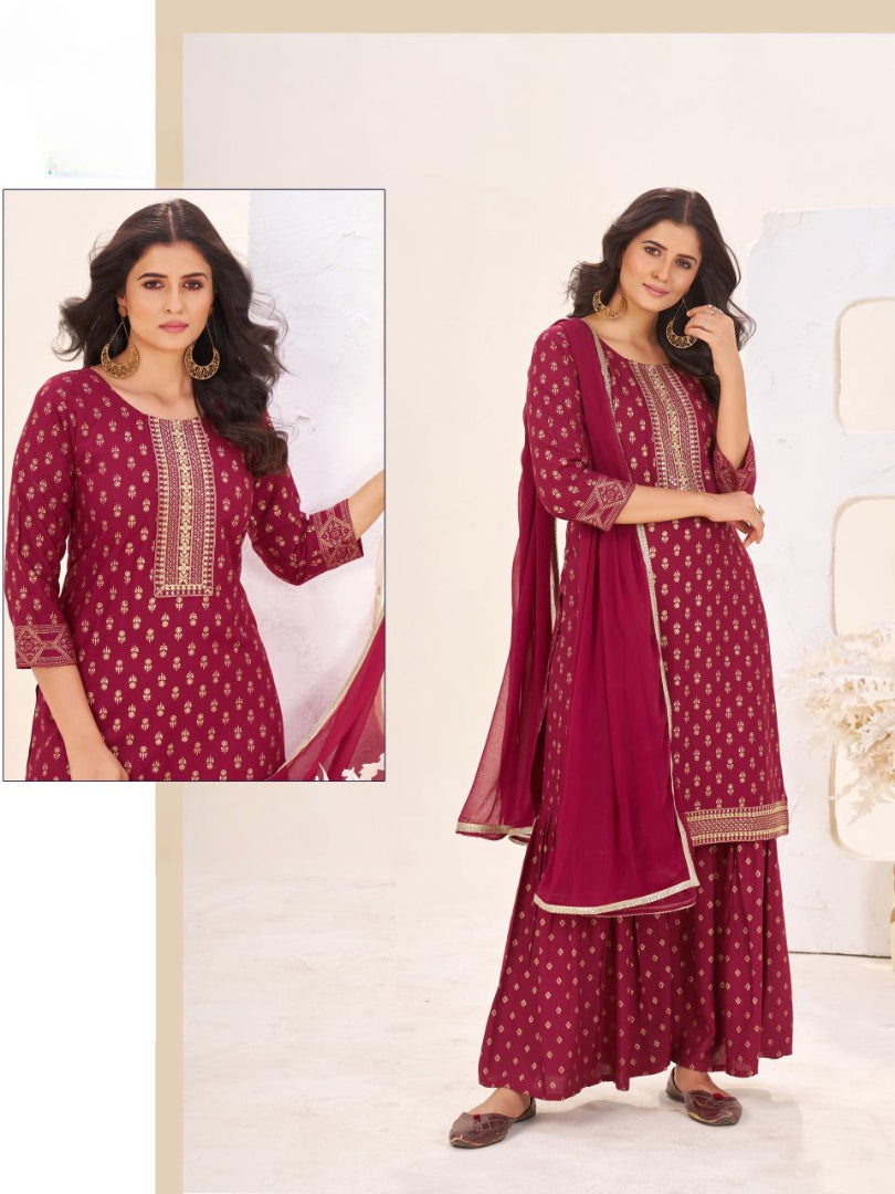 New Beutiful Rayon Print With Embroidery Work Top Plazo With Duptta