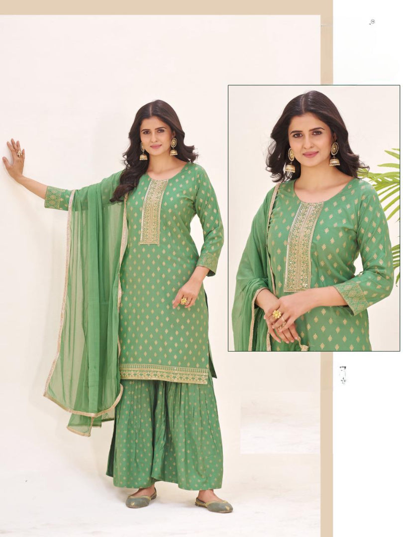 New Beutiful Rayon Print With Embroidery Work Top Plazo With Duptta