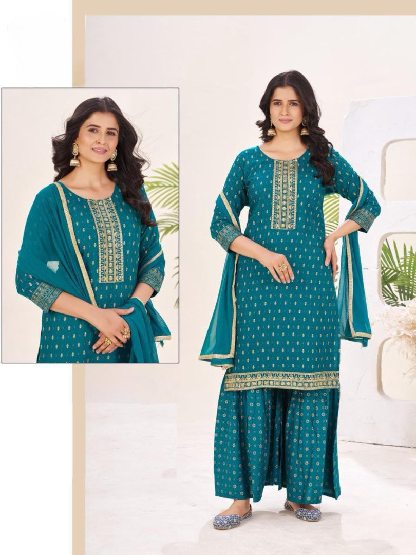 New Beutiful Rayon Print With Embroidery Work Top Plazo With Duptta