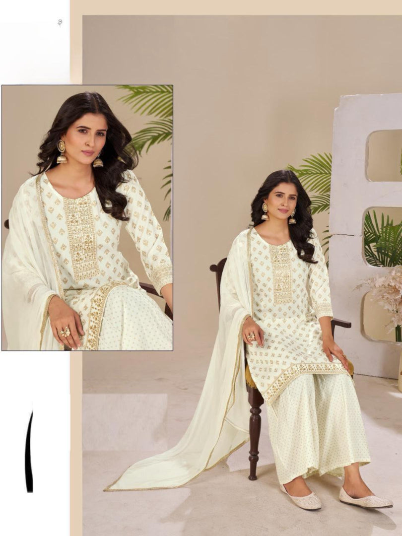New Beutiful Rayon Print With Embroidery Work Top Plazo With Duptta