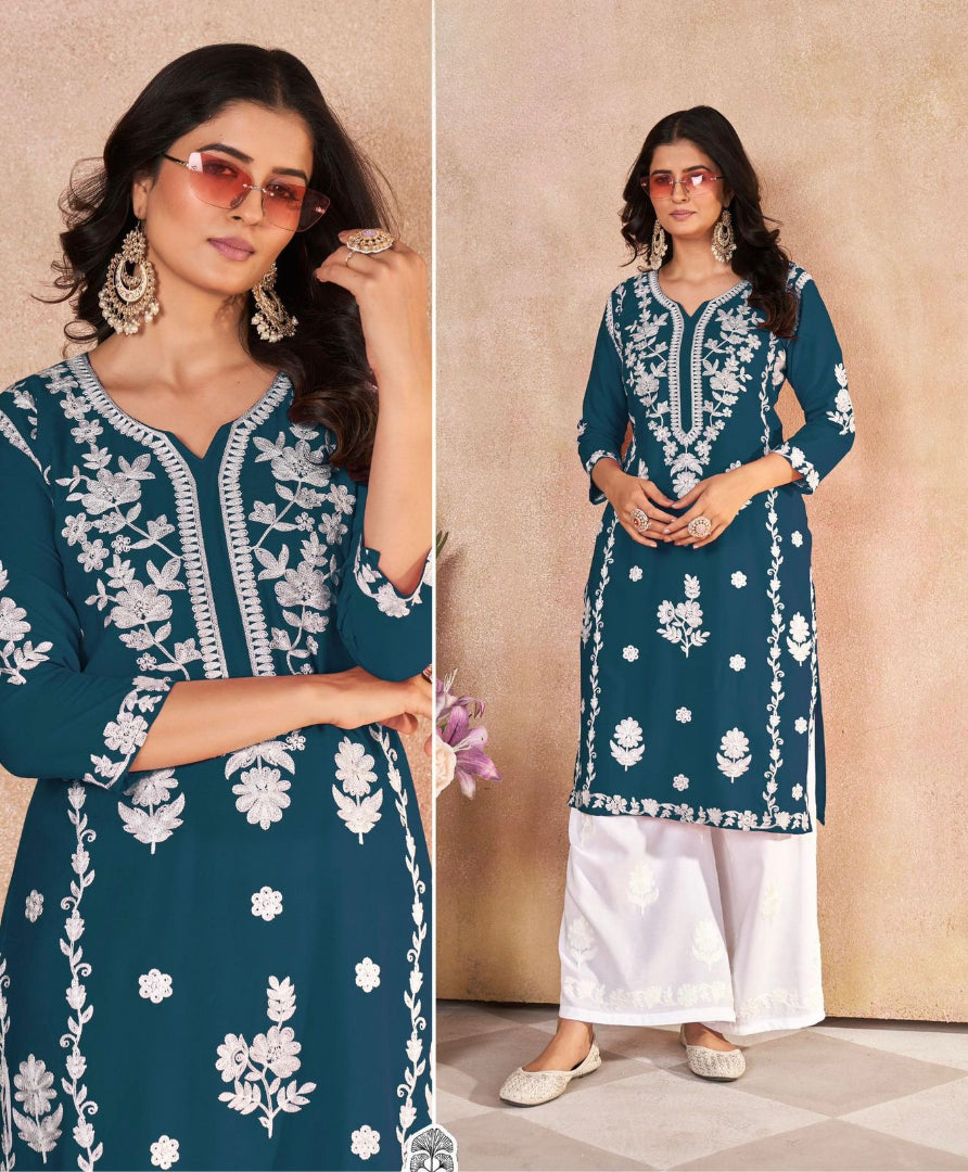 Trending Heavy Embroidery Work Long Kurti with Plazzo