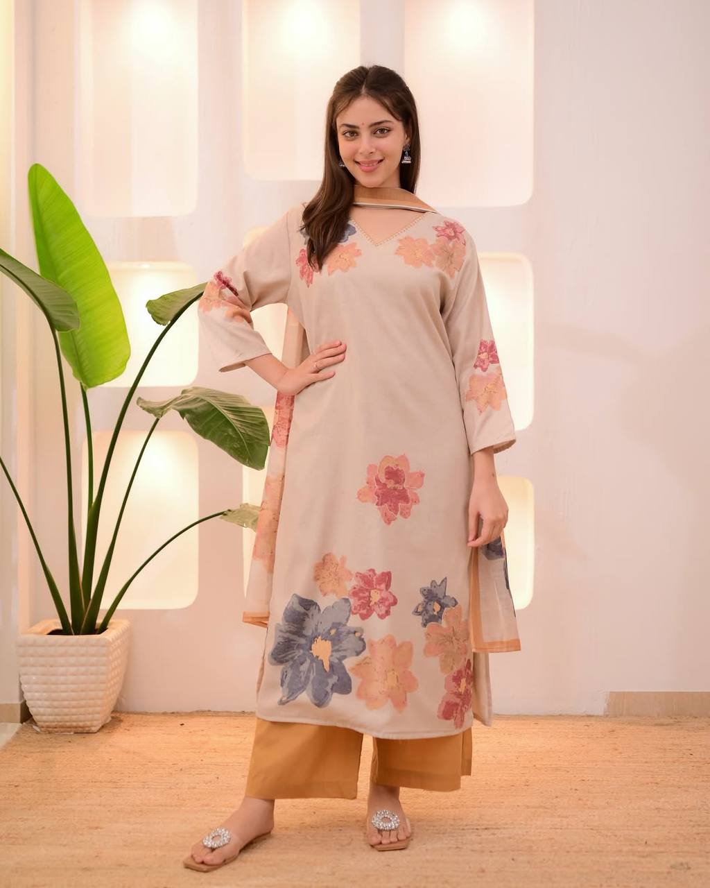 Elegant Cotton Floral Print Salwar Kameez Set with Dupatta