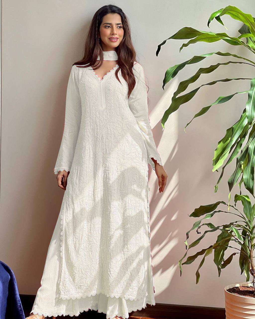 Peach Faux Georgette Embroidered Top with Plazo & Dupatta Set – Trendy & Elegant