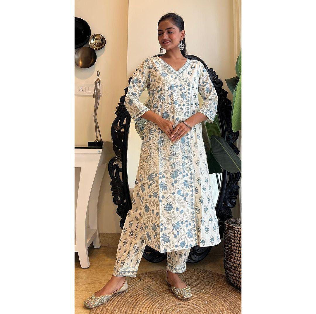 White-Grey Floral Afghani Suit Set