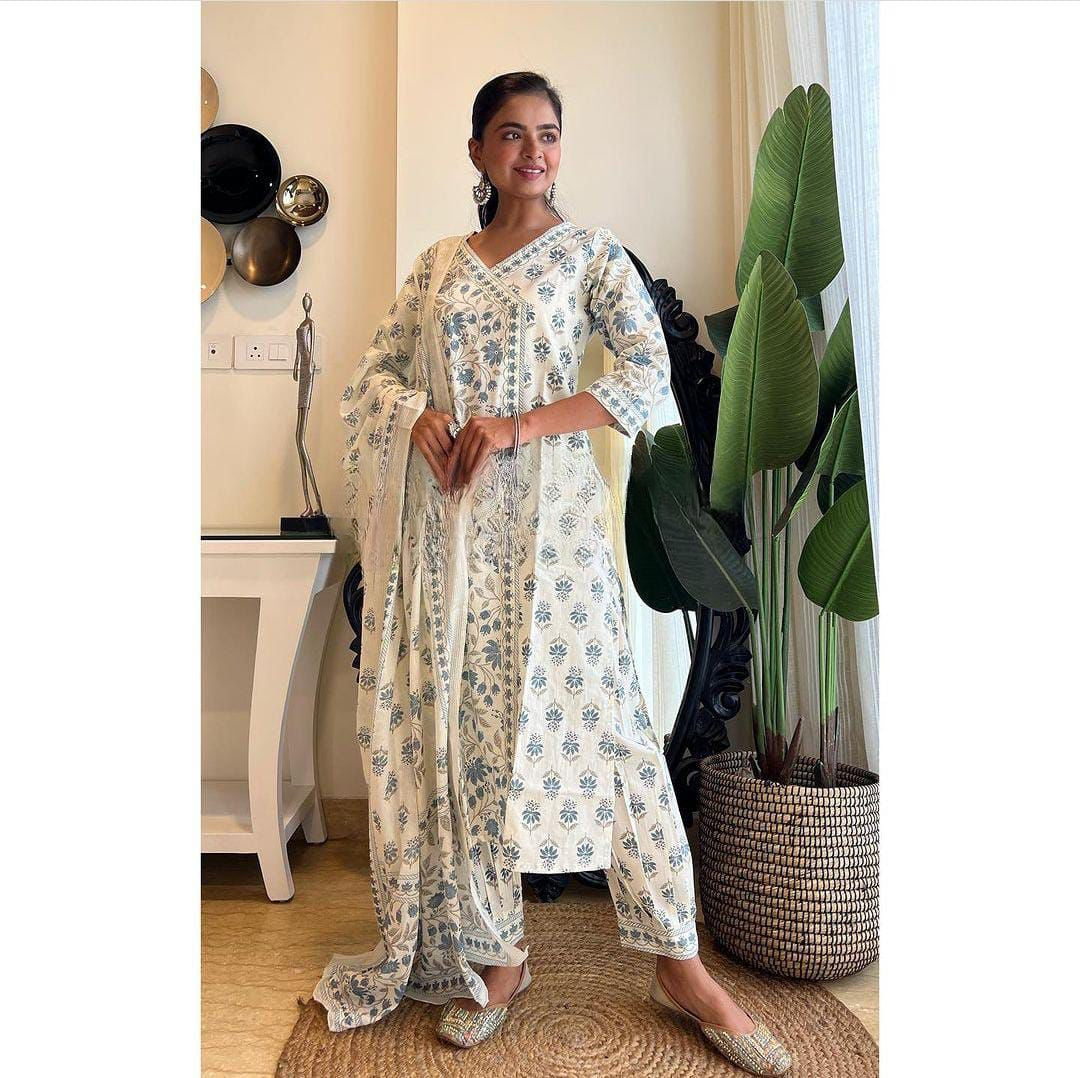 White-Grey Floral Afghani Suit Set