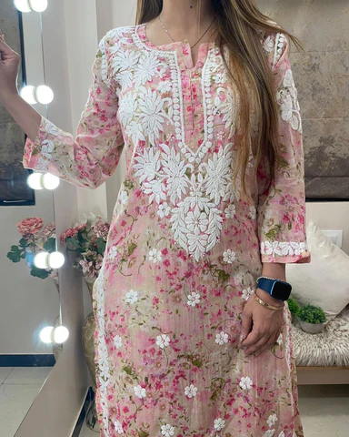 PINK CHIKANKARI EMBRODERY KURTI AND PALLAZO SET